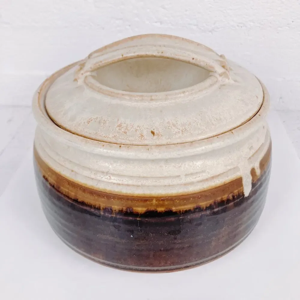 Vintage Signed Chambers Ovenware Lidded Stoneware Pot Brown Drip Glaze Pottery